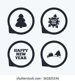 Happy new year icon. Christmas trees signs. World globe symbol. Flat icon pointers.