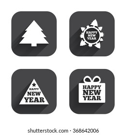 Happy new year icon. Christmas trees signs. World globe symbol. Square flat buttons with long shadow.