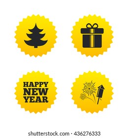 Happy new year icon. Christmas tree and gift box signs. Fireworks rocket symbol. Yellow stars labels with flat icons. Vector