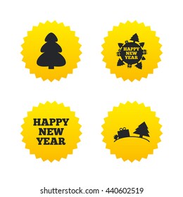 Happy new year icon. Christmas trees signs. World globe symbol. Yellow stars labels with flat icons. Vector