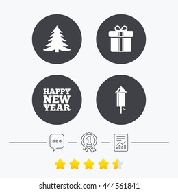 Happy new year icon. Christmas tree and gift box signs. Fireworks rocket symbol. Chat, award medal and report linear icons. Star vote ranking. Vector