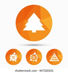 Happy new year icon. Christmas trees signs. World globe symbol. Triangular low poly buttons with shadow. Vector