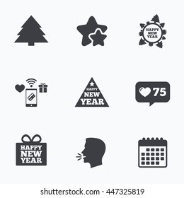 Happy new year icon. Christmas trees signs. World globe symbol. Flat talking head, calendar icons. Stars, like counter icons. Vector