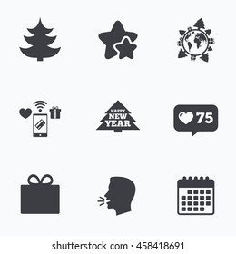 Happy new year icon. Christmas trees and gift box signs. World globe symbol. Flat talking head, calendar icons. Stars, like counter icons. Vector