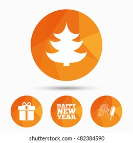 Happy new year icon. Christmas tree and gift box signs. Fireworks rocket symbol. Triangular low poly buttons with shadow. Vector