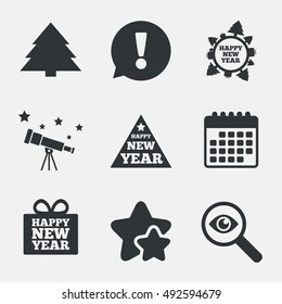 Happy new year icon. Christmas trees signs. World globe symbol. Attention, investigate and stars icons. Telescope and calendar signs. Vector