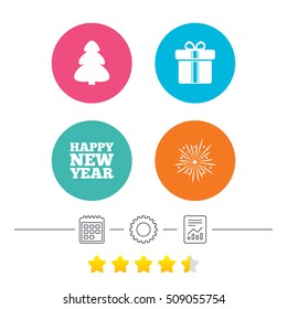 Happy new year icon. Christmas tree and gift box signs. Fireworks explosive symbol. Calendar, cogwheel and report linear icons. Star vote ranking. Vector