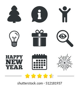 Happy new year icon. Christmas tree and gift box signs. Fireworks explosive symbol. Information, light bulb and calendar icons. Investigate magnifier. Vector