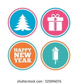 Happy new year icon. Christmas tree and gift box signs. Fireworks rocket symbol. Colored circle buttons. Vector