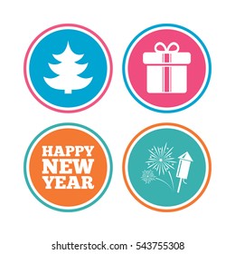 Happy new year icon. Christmas tree and gift box signs. Fireworks rocket symbol. Colored circle buttons. Vector
