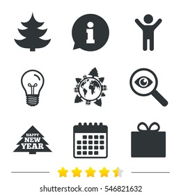 Happy new year icon. Christmas trees and gift box signs. World globe symbol. Information, light bulb and calendar icons. Investigate magnifier. Vector