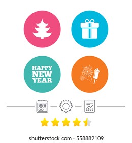 Happy new year icon. Christmas tree and gift box signs. Fireworks rocket symbol. Calendar, cogwheel and report linear icons. Star vote ranking. Vector