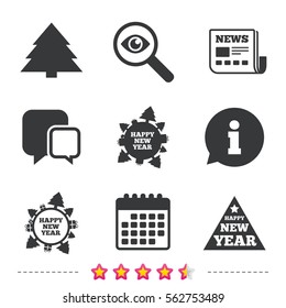 Happy new year icon. Christmas trees signs. World globe symbol. Newspaper, information and calendar icons. Investigate magnifier, chat symbol. Vector
