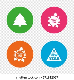 Happy new year icon. Christmas trees signs. World globe symbol. Round buttons on transparent background. Vector