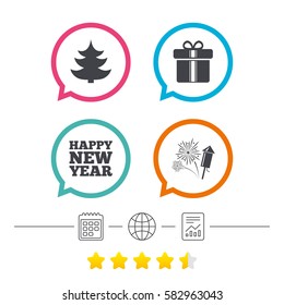 Happy new year icon. Christmas tree and gift box signs. Fireworks rocket symbol. Calendar, internet globe and report linear icons. Star vote ranking. Vector