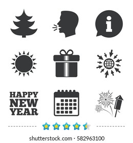 Happy new year icon. Christmas tree and gift box signs. Fireworks rocket symbol. Information, go to web and calendar icons. Sun and loud speak symbol. Vector