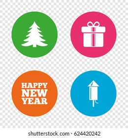Happy new year icon. Christmas tree and gift box signs. Fireworks rocket symbol. Round buttons on transparent background. Vector