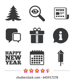 Happy new year icon. Christmas tree and gift box signs. Fireworks rocket symbol. Newspaper, information and calendar icons. Investigate magnifier, chat symbol. Vector