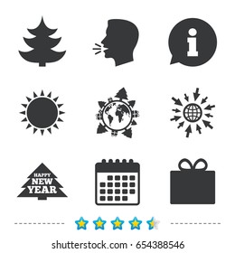 Happy new year icon. Christmas trees and gift box signs. World globe symbol. Information, go to web and calendar icons. Sun and loud speak symbol. Vector
