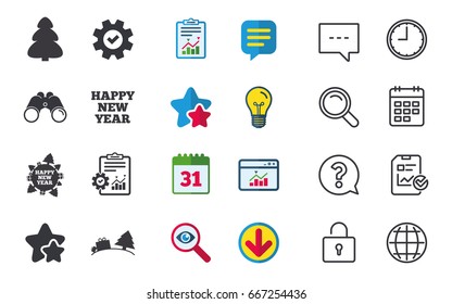 Happy new year icon. Christmas trees signs. World globe symbol. Chat, Report and Calendar signs. Stars, Statistics and Download icons. Question, Clock and Globe. Vector
