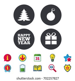 Happy new year icon. Christmas tree and gift box sign symbols. Calendar, Information and Download signs. Stars, Award and Book icons. Light bulb, Shield and Search. Vector