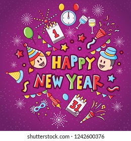 happy new year icon set with purple background