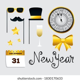 Feliz año nuevo diseño de conjunto de iconos, Bienvenida celebrar y saludar tema Ilustración vectorial