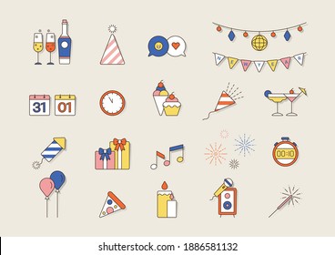 Happy New Year icon set flat outline style. 20 icon set of New Year. Happy New Year illustration Drink, Party, Countdown, Firework, Calendar, Gifts, Conversation, Decoration 