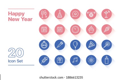 Happy New Year icon set flat outline style. 20 icon set of New Year. Happy New Year illustration Drink, Party, Countdown, Firework, Calendar, Gifts, Conversation, Decoration 