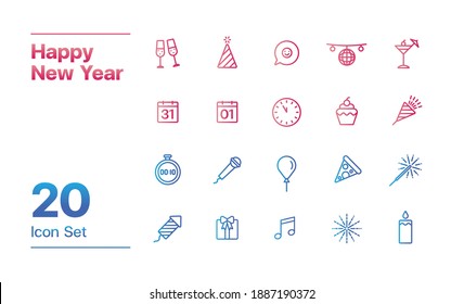 Happy New Year icon set gradient outline style. 20 icon set of New Year. Happy New Year illustration Drink, Party, Countdown, Firework, Calendar, Gifts, Conversation, Decoration 