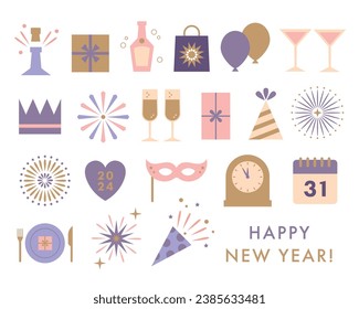 Happy New Year Icon set for invitations, party, event, celebrations 31 December. Simple, fun vector designs