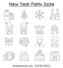 Happy new year icon set in thin line style