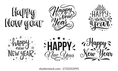 Ícone feliz Ano Novo definido em estilo de silhueta vetorial mostrando tipografia decorativa para modelos sazonais EPS, saudação e celebração.