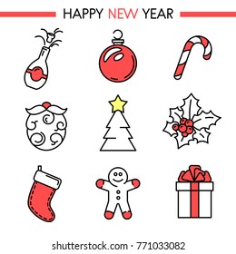 Happy new year icon set: bottle of champagne, Christmas tree toy, candy, Santa Claus beard, Christmas tree, holly, gift sock, ginger man, gift with a bow for infographics, visualizations. Lines witho