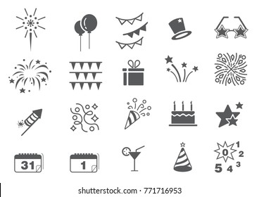 Happy New Year Icon Set  And Happy Birthday Icon Set