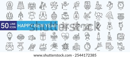 Happy new year icon set with countdown, trumpet, gift box, greeting card, petard, champagne, confetti, adornment, sparkler and clothes
