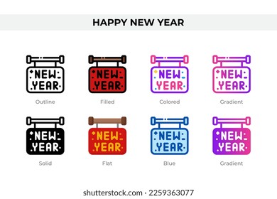 Happy new year icons in different style. Happy new year icons set. Holiday symbol. Different style icons set. Vector illustration
