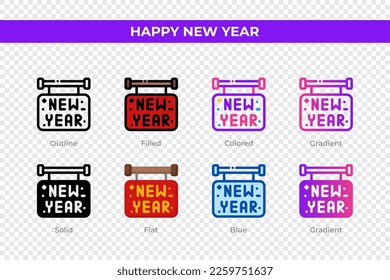 Happy new year icons in different style. Happy new year icons set. Holiday symbol. Different style icons set. Vector illustration