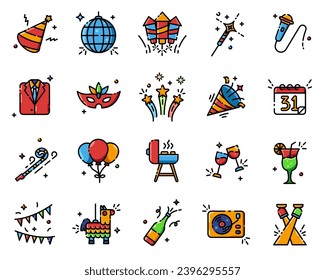 Happy New Year icons set. Colorful Icon Collection Vector Illustration
