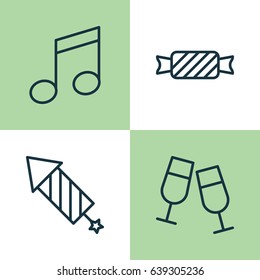 Happy New Year Icons Set. Collection Of Crotchets, Champagne Glasses, Sweet And Other Elements. Also Includes Symbols Such As Glasses, Music, Candy.