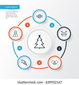Happy New Year Icons Set. Collection Of Festive Fireworks, Snow Person, Decorated Tree And Other Elements. Also Includes Symbols Such As Celebration, Petard, Knot.