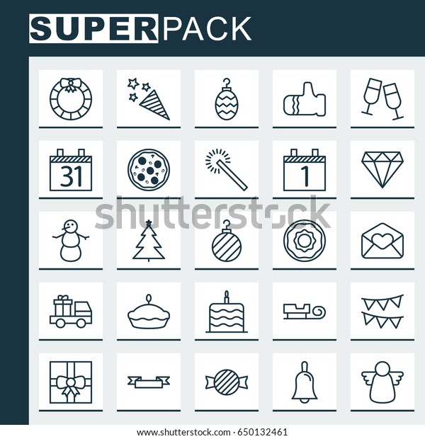 Happy New Year Icons Set. Collection\
Of Celebration Cake, Champagne Glasses, Agenda And Other Elements.\
Also Includes Symbols Such As Clink, Car,\
Donuts.