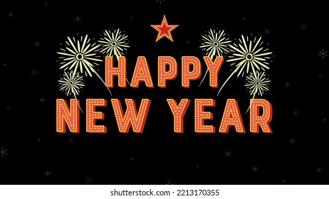 Happy new year illuminated sign. Bright calligraphic happy new year text in red color with fireworks in gold. Retro Happy New Year light sign. Vector.
