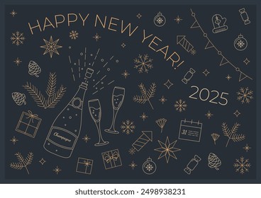 Happy New Year Illustrated Greeting Card Champagne. Pattern. Icons. Dark background. Invitation 2025 New Year. Christmas icons set. Cover. Envelope. High quality vector. Childhood. For beloved ones.