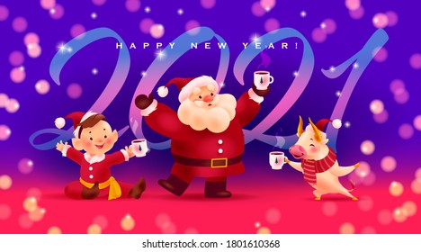 Happy New year illustration with 2021 numbers, Santa Claus, boy elf in red costume, bull mascot cartoon characters celebrating on night shining background. Vector congratulation card, party invitation