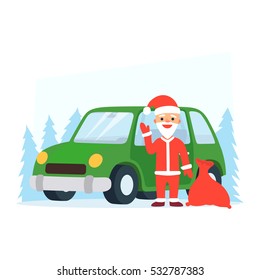 Happy New Year illustration. Christmas landscape card design of retro  car with tree on the top.