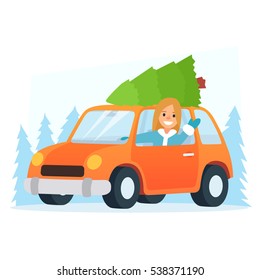 Happy New Year illustration. Christmas design . car with Christmas tree