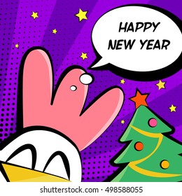 Happy New Year illustration with cock, tree and text cloud. Comics style. Vector card.