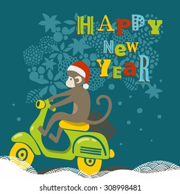 Happy New Year illustration with cute monkey on the scooter. Vector creative design.