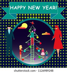 Happy New Year. Illustration of the family decorating fir with balls and lights. Cartoon characters. Vector illustration